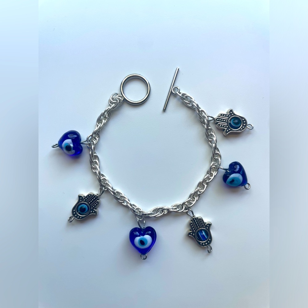handmade evil eye hamsa silver chain bracelet